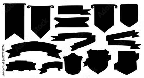Ribbons and banners collection with diverse shapes and styles, black silhouette graphic elements for design and