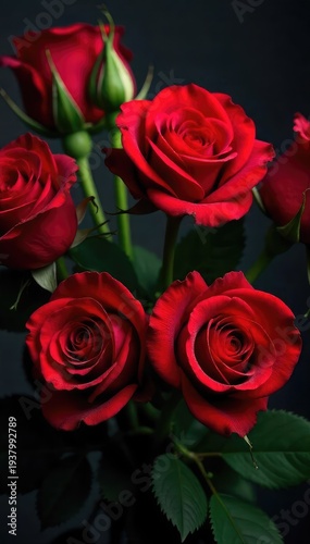 A lush bouquet of velvety red roses, sensual curves of petals, cascading greenery, and droplets of dew Suggestive of romance, intimacy, and passionate desire , breathtaking, rose