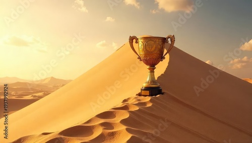 A majestic sand dune sculpted into the shape of a trophy, basking in the golden sunlight A testament to nature's artistry and the power of wind and sand , landscape, shape