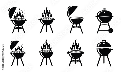 Grill Vector Icon Set, Barbecue BBQ Grill Symbols for Backyard Cooking and Outdoor Food Preparation