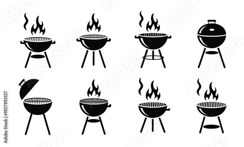 Grill Icon Set, Black Silhouette Barbecue Grills with Smoke and Lid for Outdoor Cooking Design