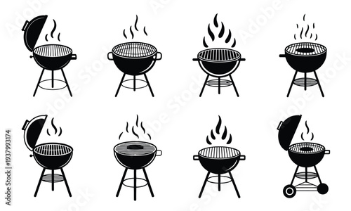 Grill Icon Set, BBQ Barbecue Grill with Cover Smoke and Lattice Black Silhouette Vector Collection