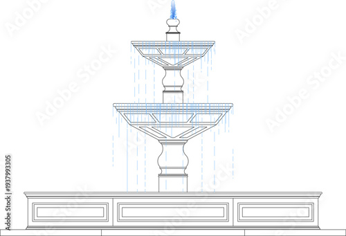 Technical architectural elevation of classical tiered water fountain with blue highlighted water flow, decorative finial and ornate rectangular base in line art style.