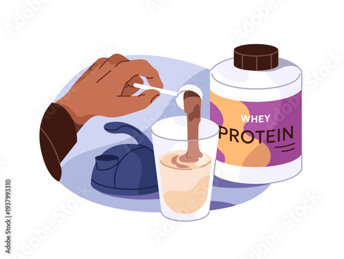 Person is cooking protein cocktail, pouring powder in glass of drink. Sports nutrition for energy. Natural food additives, dietary supplements. Flat isolated vector illustration on white background