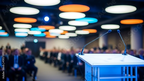 A white podium with two microphones in a conference room with a blurred audience and colorful ceiling lights.