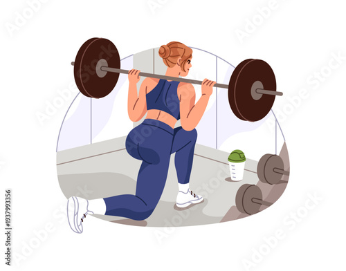 Young woman does barbell split squats in fitness gym. Girl in sportswear does Bulgarian lunges with weight. Person does workout, sports training. Flat isolated vector illustration on white background