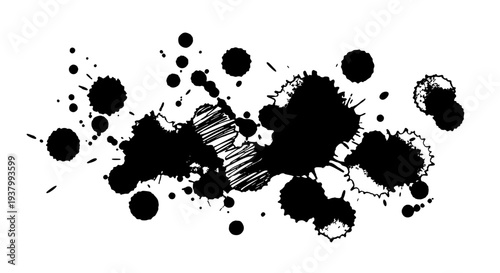 Ink splatters set with grunge texture and black splashes featuring splatter, paint, abstract with messy and chaotic