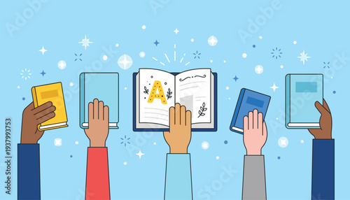 Diverse hands holding books and open textbook learning education concept reading study knowledge library vector illustration