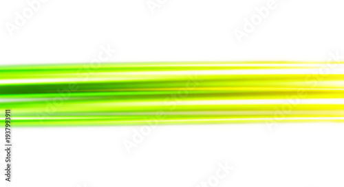 Abstract glowing green and yellow light streaks on transparent background