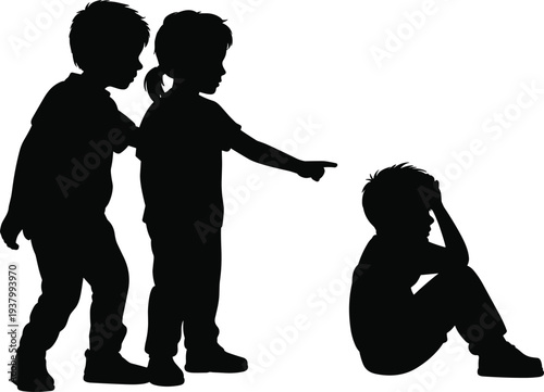 Kids bullying child silhouette group teasing sad boy social problem school bullying concept awareness black silhouette flat vector illustration