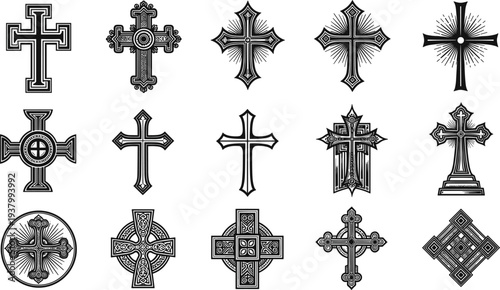 Detailed vector collection of various decorative black crosses and crucifixes featuring gothic, celtic, ornate, and minimalist styles for religious, spiritual, or memorial graphic designs.