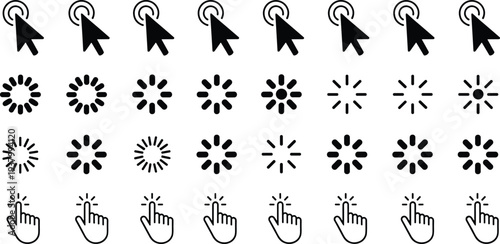 Mouse cursor click icons loading spinner progress indicators and hand pointer symbols interface elements set flat vector illustration