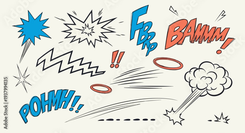 Comic book style sound effects and action lines: Bam, Pow, Zoom, and explosion graphics for action scenes and dramatic effects
