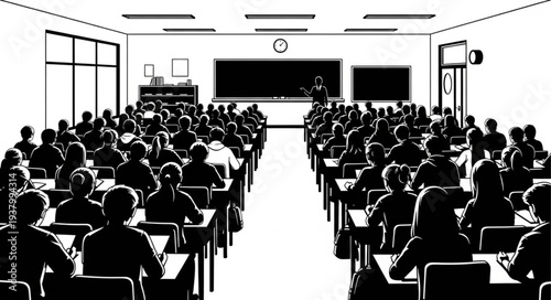 Large Lecture Hall with Students Taking Exam.