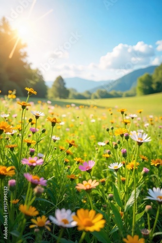 A sun-drenched field of wildflowers gently swaying in the breeze, a picturesque scene of idyllic beauty and serenity, evoking feelings of joy and contentment , nature, peaceful