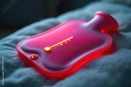A stylish hot water bottle with an integrated thermometer, displaying the water temperature for safe and comfortable use Perfect for soothing aches and pains , self-care, restful, hygiene