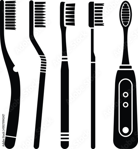 Toothbrush collection manual and electric toothbrush dental hygiene care tools set isolated black silhouette dental equipment flat vector illustration