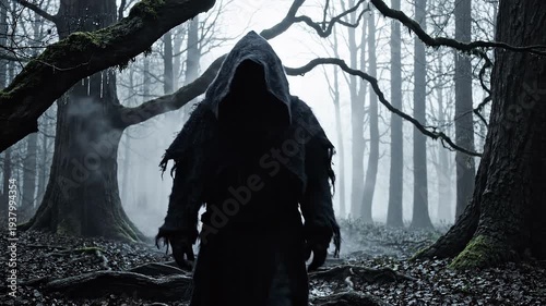 Mysterious hooded figure emerges from misty forest fog.