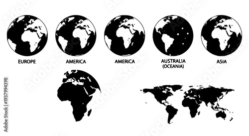 Globes set with continents and world map, simplified black and white vector graphics. featuring globe, Europe, America