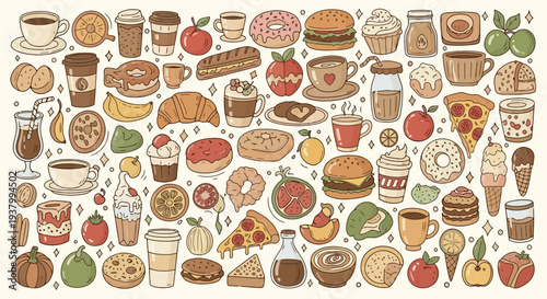 Whimsical Doodle Collection of Delicious Food and Drinks, Perfect for Cafes and Treat Illustrations