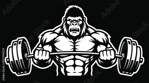 Strong gorilla lifting heavy barbell, bodybuilding mascot logo design, powerful ape fitness symbol for gym branding, strength training icon, flat vector illustration