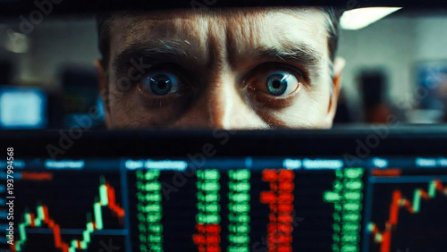 A man peers anxiously at a stock market screen, his face illuminated by flashing green and red charts. He appears stressed.