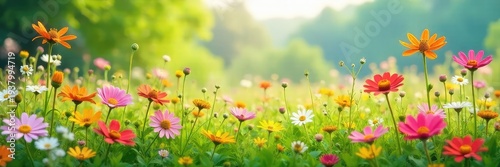 A vibrant summer meadow bursting with wildflowers of various colors, swaying gently in a soft breeze Perfect for nature, ecology, and environmental themes , blossom, vibrant, bloom