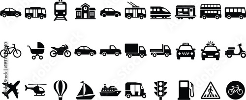transportation vehicles icons set car bus train school taxi motorcycle truck helicopter airplane ship balloon scooter vector black silhouette illustration