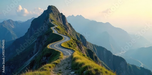 A winding road ascending a mountain, symbolizing the journey of career progression and the challenges faced along the way to success , hard work, dedication
