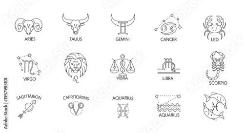 Zodiac Signs Line Art - Astrological Symbols and Constellations.