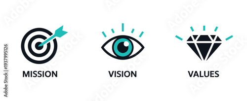 Mission Vision Value Icon Set, Business Goal Target Eye and Diamond Concept Symbols for Corporate Strategy Design