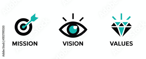 Mission Vision Value Icon Set, Company Strategy Goal Planning Icons with Target Eye and Diamond Vector Collection