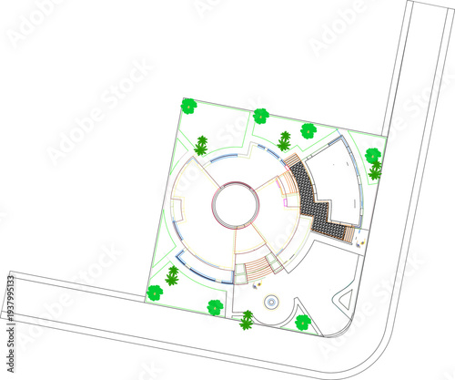 Architectural site plan showing circular plaza design with radial paths, adjacent angular pavilion structure, and green tree symbols along the perimeter near roadways.