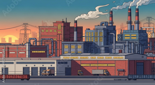 Pixel Art Industrial Complex at Sunset with Smoke Stacks.