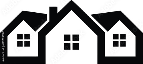 Simple black and white icon of three connected houses