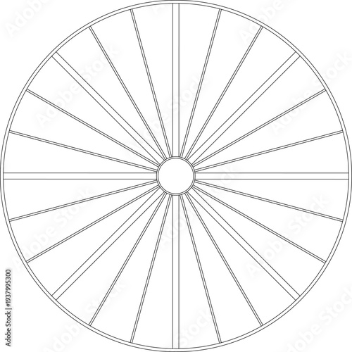 Technical line drawing of circular wheel with radial spokes extending from central hub to outer rim, symmetrical geometric pattern in minimalist black and white style.
