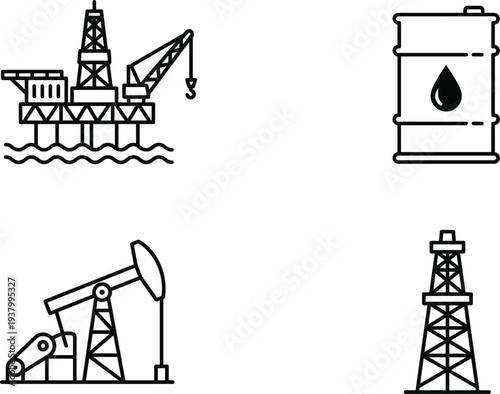 Oil industry line icons offshore platform pumpjack barrel drilling rig petroleum energy vector illustration set