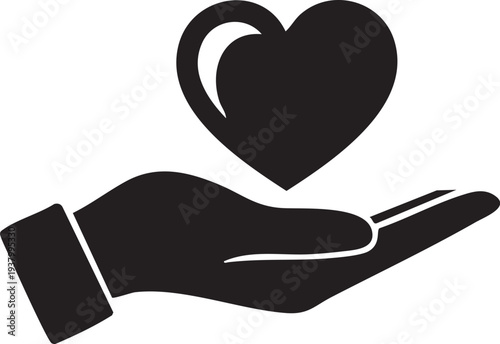 A black silhouette of a hand cradling a heart symbol