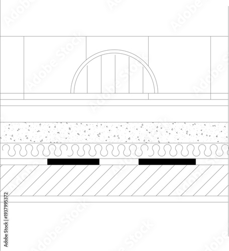 Technical architectural cross-section showing layered construction assembly with arched opening, insulation, structural elements and foundation details in line art style.