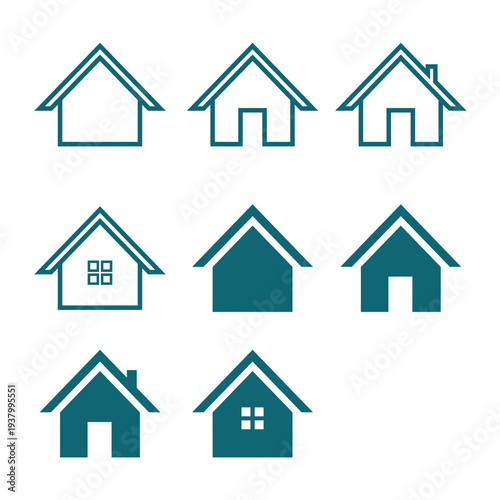 Set of house icons in flat and outline styles. Teal green home symbols with windows, doors, and chimneys. Versatile real estate and construction vector signs for web and graphic design projects
