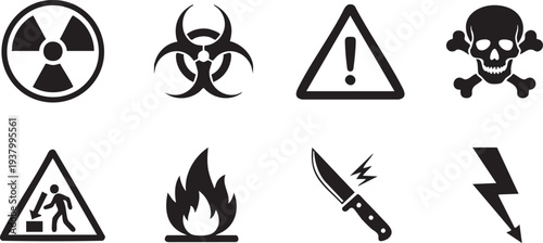 Collection of hazard warning symbols and icons for safety and danger alerts
