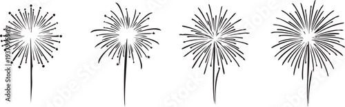A black and white illustration of four firework explosions in a row