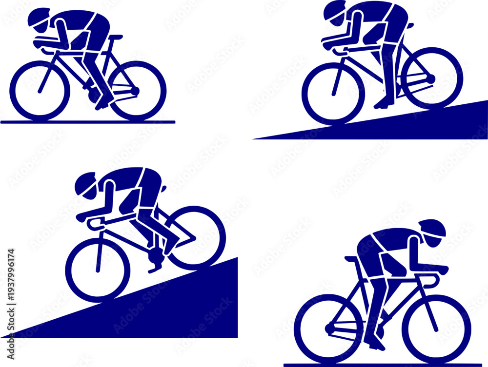 Fototapeta premium Set of professional cyclist pictograms in action. Vector silhouettes of road bike riders on flat terrain and climbing uphill. Concept of cycling race, triathlon, and endurance training.