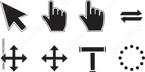A collection of 8 black computer cursor icons on a white background for navigation and interaction