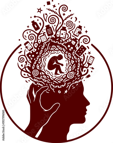 Mental health and addiction concept illustration. Silhouette of a head with a chaotic mix of pills, bottles, and chains, representing stress, depression, or chemical dependency.