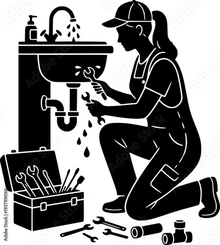 Female plumber fixing a leaking sink with wrenches. Vector illustration of a professional woman repairer working with toolbox. Home maintenance and plumbing service concept.