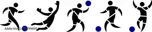 Set of soccer and handball player icons in action. Vector silhouettes of athletes running, jumping, and kicking balls. Minimalist sports pictograms for infographic or competition design.