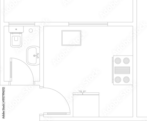 Technical studio apartment floor plan showing bathroom, kitchen with stovetop, sleeping area and curved partitions in minimalist architectural line art style.