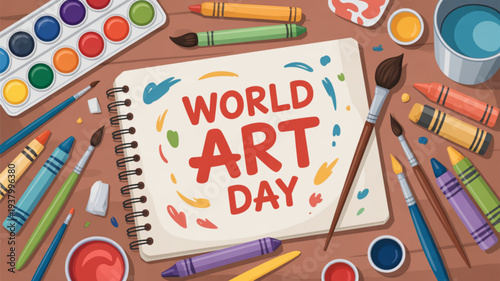 World art day celebration with colorful art supplies and creative materials on a brown background