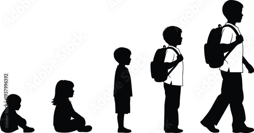Silhouette of child growth stages, baby sitting, toddler upright, young child standing, school kid backpack, teenager walking, development, education, child growth stages, baby sitting